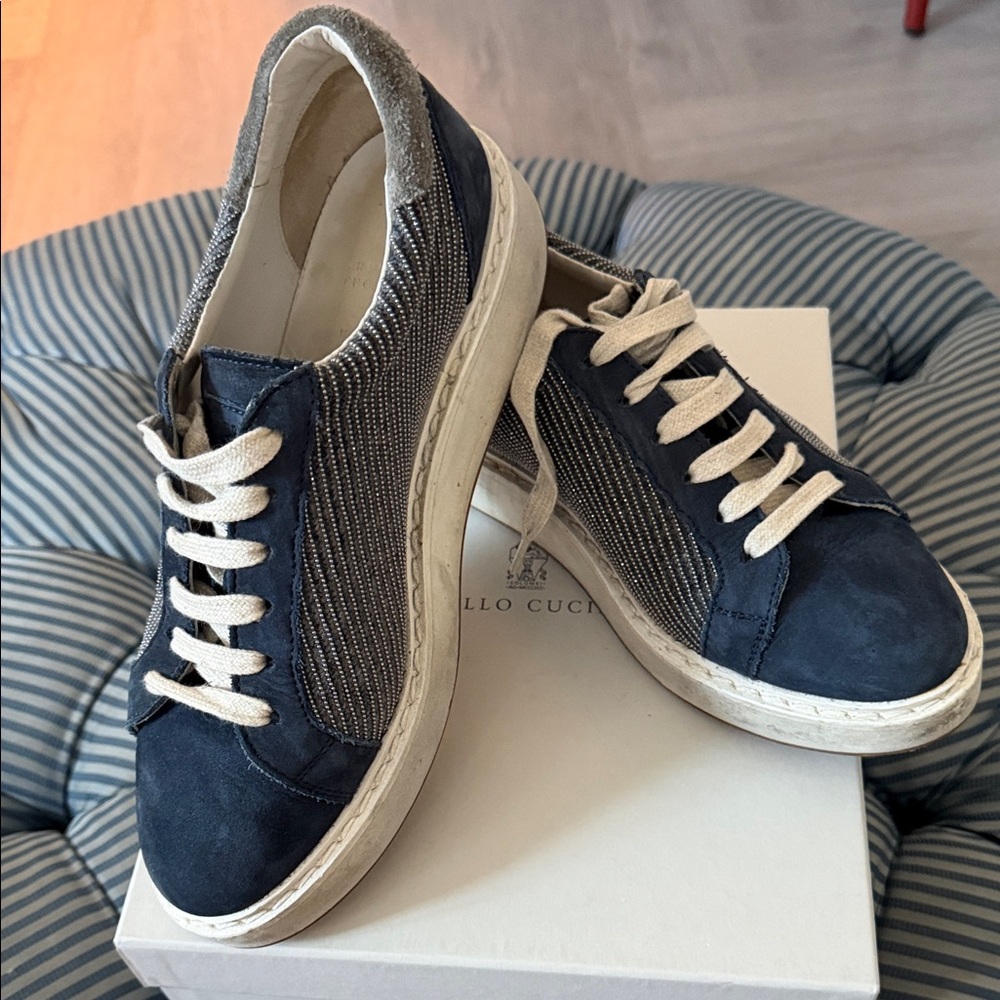 Brunello Cucinelli Blue and Gray Monili fashion Sneakers Sz 39.5
